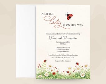 Little Lady Baby Shower Invitation – Ladybug Floral Printed Invite with Envelopes