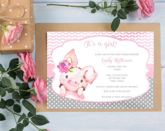 Printed Little Piggy, Baby Shower Invitations, Girl, Pink, Stripes, Polka Dots, Pig, Watercolor, White Envelopes Included