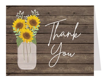 Sunflower, Thank You Cards, Bridal, Baby, Shower, Mason Jar, Wood, Rustic, Yellow, Flowers, Floral, Country, Chic, Folded Notes Blank Inside