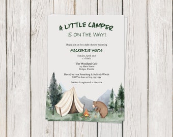 Printed Camping Baby Shower Invitation, A Little Lil Camper, Nature, Outdoors, Tent, Green, Gender Neutral Unisex, White Envelopes Included