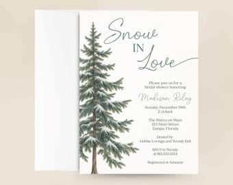Snow In Love Bridal Shower Invitation, Winter Pine Tree Invite with Matching Shower Cards