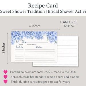 PRINTED Hydrangea Recipe Card, Bridal Shower, Double Sided Cards, Something Blue , Wedding image 5