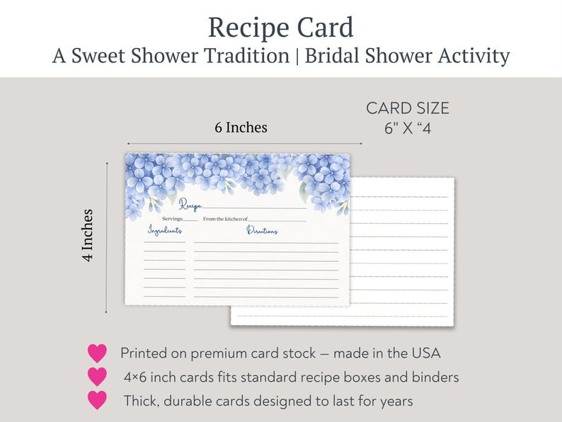 PRINTED Hydrangea Recipe Card, Bridal Shower, Double Sided Cards, Something Blue , Wedding image 5