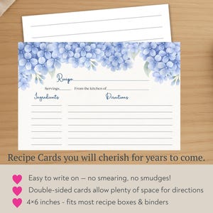 PRINTED Hydrangea Recipe Card, Bridal Shower, Double Sided Cards, Something Blue , Wedding image 6