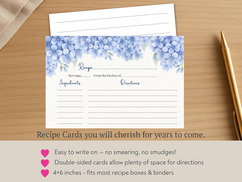 PRINTED Hydrangea Recipe Card, Bridal Shower, Double Sided Cards, Something Blue , Wedding image 6