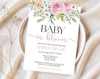 Printed, Baby In Bloom, Baby Shower, Invitation, Floral, Flowers, Greenery, Pink, Spring, Summer, White Envelope Included
