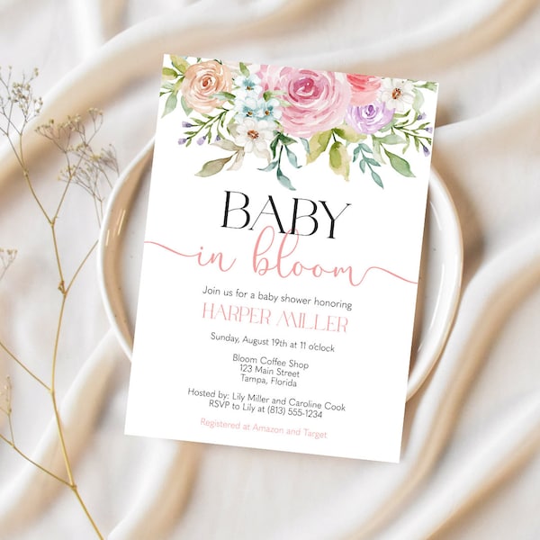 Printed, Baby In Bloom, Baby Shower, Invitation, Floral, Flowers, Greenery, Pink, Spring, Summer, White Envelope Included