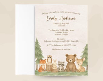 Watercolor Woodland Baby Shower Invitation, Printed
