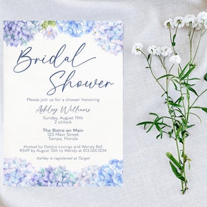 Printed, Hydrangea, Bridal Shower, Invitation, Blue Flowers, Indigo, Floral, Wildflower, Watercolor, Spring, Summer, White Envelope Included
