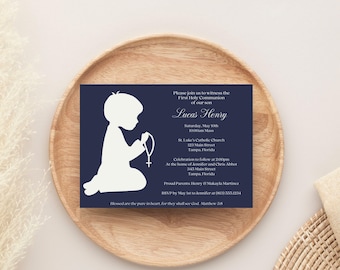 First Holy Communion Invitation – Religious Boy Silhouette Design, Printed