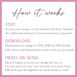 May include: How it works: A pink and white graphic with instructions on how to edit, download, print, or send a design. The text says "Edit, Download, Print or Send".