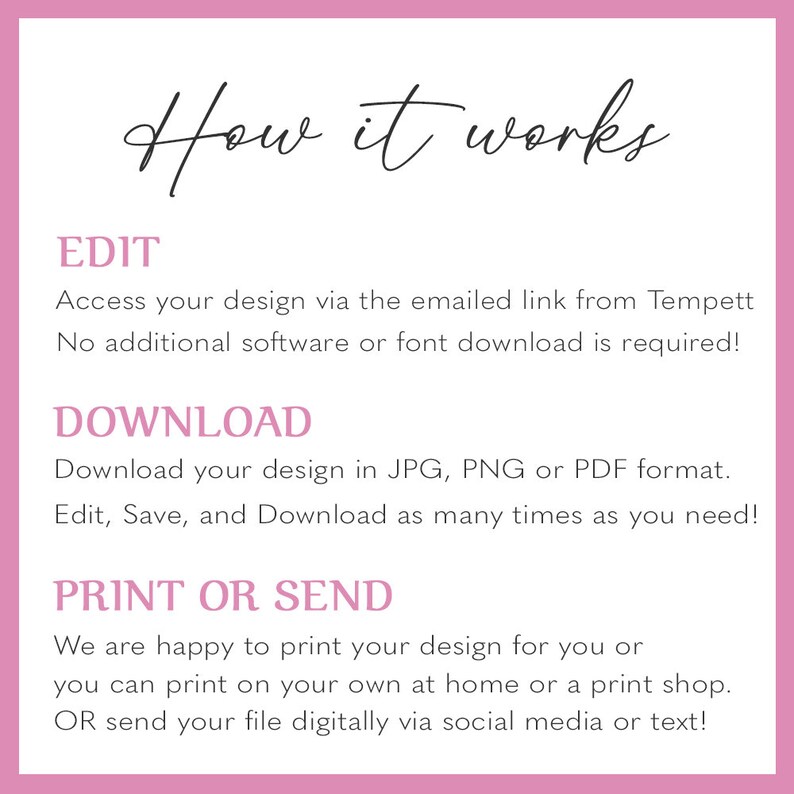 May include: How it works: A pink and white graphic with instructions on how to edit, download, print, or send a design. The text says "Edit, Download, Print or Send".