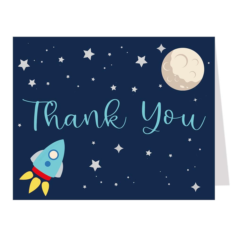 Rocket Ship Thank You Cards, Baby Shower, Outer Space, Spaceship, Space, Astronaut, Blast Off, Moon, Folded Notes Blank Inside