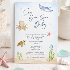 Sea you Soon Baby Shower Invitation – Under the Sea Natuical Coastal Printed Invites with Envelopes