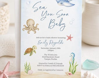 Sea you Soon Baby Shower Invitation – Under the Sea Natuical Coastal Printed Invites with Envelopes