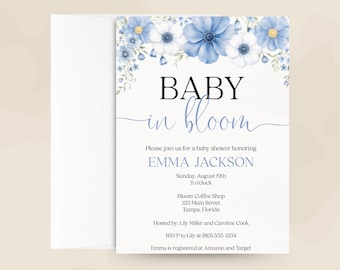 Floral Baby Shower Invitation – Baby in Bloom Blue Invite with Flowers, Bundle, Printed