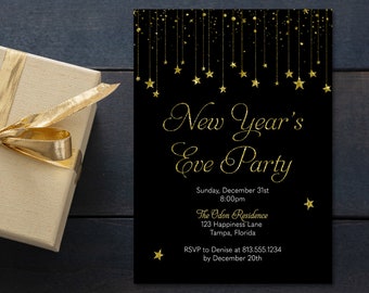 New Year Invitations, NYE, New Year's Eve, Cheers, Gold, Black, Stars, Invite, 2024, Digital, INSTANT DOWNLOAD Fully Editable Invite