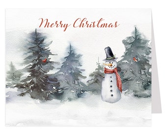 Christmas Cards, Season's Greetings, Snowman, Snow, Forest, Forest, Woods, Watercolor, Holiday Cards, Folding Holiday Cards