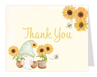 Gnome Thank You Cards, Baby Shower, Sunflower Gnomes, Yellow, Summer, Spring, Bees, Unisex, Sprinkle, Folding Notes, Blank Inside