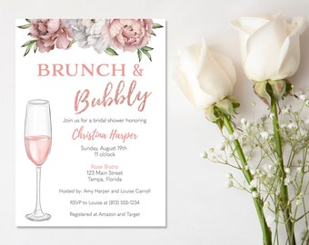 Bridal Shower Invitation, Brunch and Bubbly Bachelorette Party Pink Rose Gold Champagne, Digital, INSTANT DOWNLOAD Fully Editable Invite