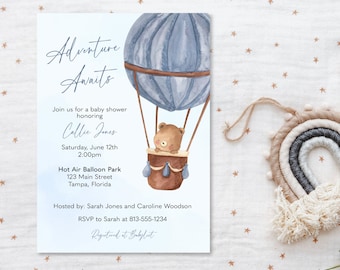 Hot Air Balloon, Baby Shower Invitations, Adventure Awaits, Teddy Bear, Blue Boy, Digital, Printable, INSTANT DOWNLOAD Fully Editable Invite