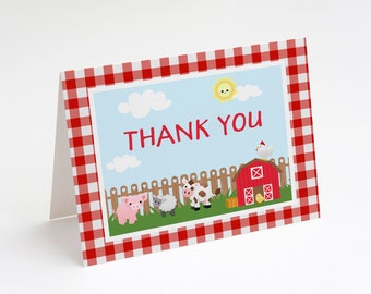 Farm Thank You Cards, Birthday, Barnyard, Farm Animals, Cow, Pig, Barn House, Gingham, Red, Unisex, Baby Shower, Folding Notes, Blank Inside