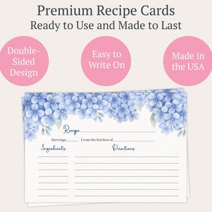 PRINTED Hydrangea Recipe Card, Bridal Shower, Double Sided Cards, Something Blue , Wedding image 2