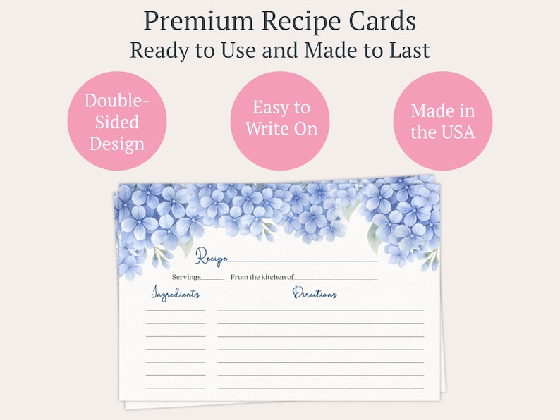 PRINTED Hydrangea Recipe Card, Bridal Shower, Double Sided Cards, Something Blue , Wedding image 2