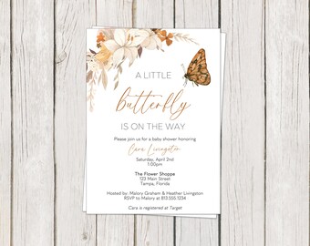 Printed, Butterfly Baby Shower, Invitation, Little Butterflies, Boho, Bohemian, Orange, Monarch, Floral, Spring, White Envelope Included