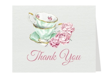Tea Thank You Card, Bridal Shower, Baby Shower, Party, Luncheon, Birthday, Floral, Feminine, High Tea, Watercolor, Folded Notes Blank Inside
