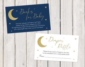 Moon and Stars Baby Shower, Bring a Book, Diaper Raffle, Twinkle Little Star, Navy, White, Gold, 50 Printed Cards