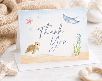 Nautical Baby Shower Thank You Notes, Watercolor Beach Turtle Stationery Set