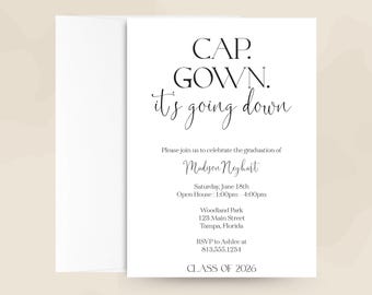 Graduation Invitation – Cap & Gown Modern Script Grad Invite, Printed