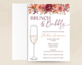 Autumn Brunch and Bubbly Bridal Shower Invitation, Fall Floral Invite with Matching Shower Cards