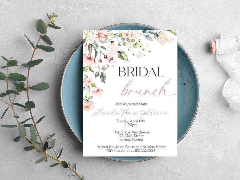 Bridal Brunch Shower Invitation – Pink Floral, Printed image 1