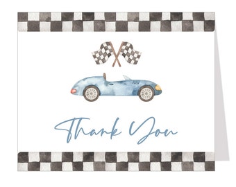 Car Thank You Cards, Blue, Boy, Race, Racing Stripes, Automobile, Racecar, Baby Shower, Folded Notes Blank Inside