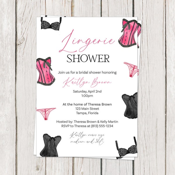 Bridal Shower Invitations, Lingerie Shower, Pink, Black, Corset, Bra, Printable, Digital, INSTANT DOWNLOAD Fully Editable Invite