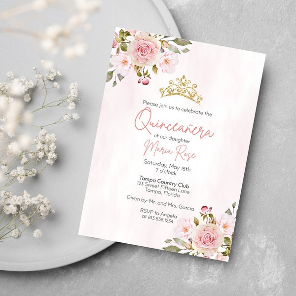 Printed, Quincenaera Invitations, Sweet 16, Quince, Birthday, Bday, Party, Pink, Crown, Tiara, Floral, Gold, White Envelope Included