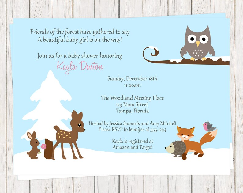 Printed Snow One Dollar Each with Envelope Included Pink Girl Boy Baby Shower Invitations Woodland Blue Winter Forest Animals
