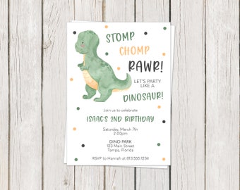 Dinosaur Birthday Party Invitations, T-Rex, Polka Dots, Kids, Green, Chomp Stomp, Printable, Digital, INSTANT DOWNLOAD Fully Editable Invite