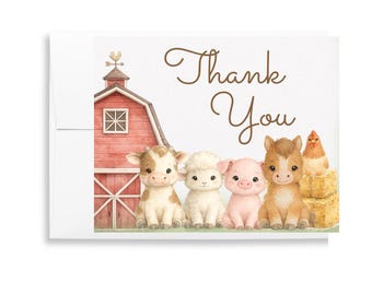 Barnyard Baby Thank You Cards, Farm Animals, Baby Shower, Birthday Thank You, Folded Notes, Blank Inside
