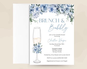 Brunch & Bubbly Bridal Shower Invitation – Blue Floral Champagne Invite – Printed