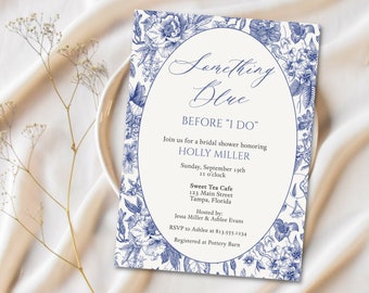 Printed Bridal Shower Invitation, Something Blue Before I Do, Vintage, Antique, Floral, Blue Flowers, Wedding, White Envelope Included