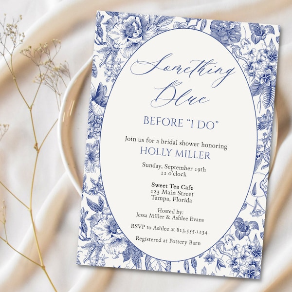 Printed Bridal Shower Invitation, Something Blue Before I Do, Vintage, Antique, Floral, Blue Flowers, Wedding, White Envelope Included