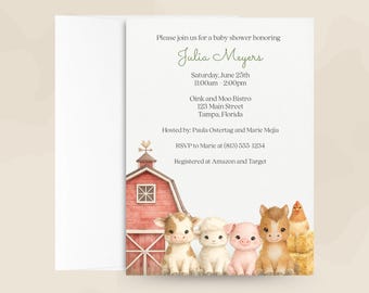 Barnyard Baby Shower Invitation – Farm Animal Printed Invite with Envelopes