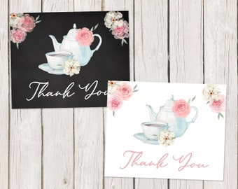 Tea Thank You Card, Bridal Shower, Baby Shower, Party, Luncheon, Birthday, Floral, British, High Tea, Chalkboard, Folded Notes Blank Inside