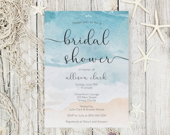 Printed Bridal Shower Invitations, Beach Ocean Sand Waves Summer Nautical Blue Tan Wedding Couples Shower, White Envelopes Included