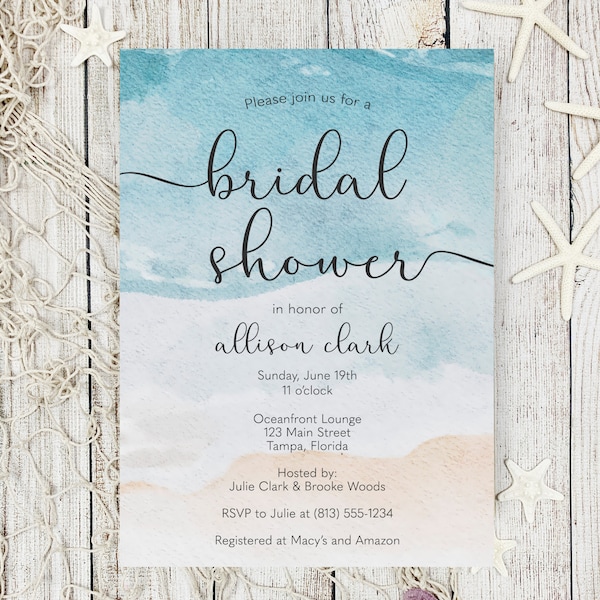 Printed Bridal Shower Invitations, Beach Ocean Sand Waves Summer Nautical Blue Tan Wedding Couples Shower, White Envelopes Included