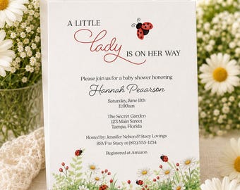 Little Lady Baby Shower Invitation – Ladybug Floral Garden Bloom Printed Invite with Envelopes