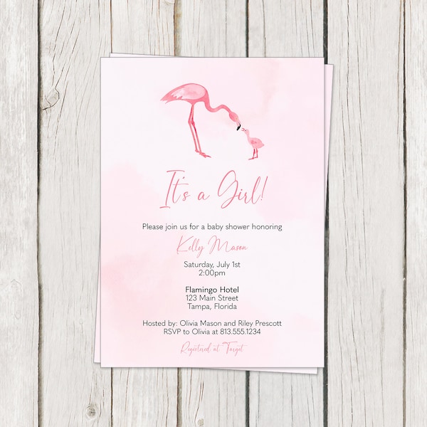 Printed Flamingo Baby Shower Invitations, Watercolor Flamingoes Mommy and Me Pink It's a Girl, White Envelopes Included